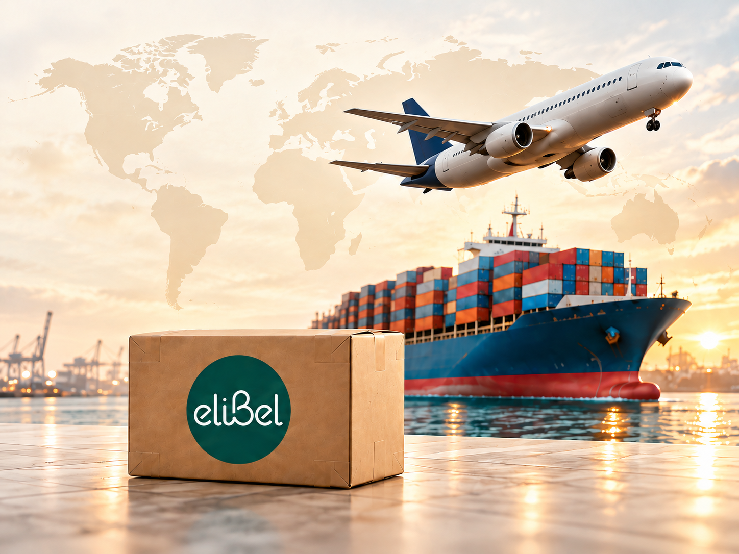 Caja con el logo de ELIBEL, avión y barco de carga sobre un mapa mundial