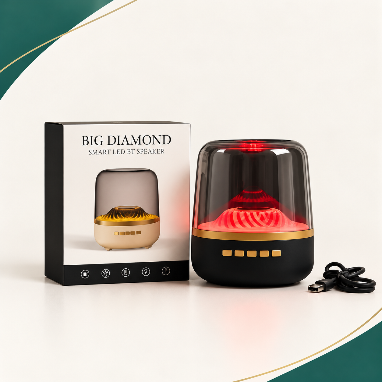Parlante Big Diamond con iluminación roja, caja y cable USB